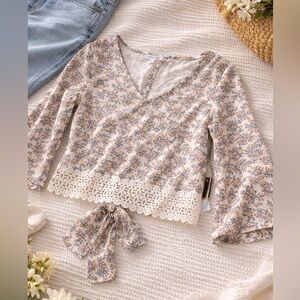 Uncommon Job Floral Tie Back Top Lace Hem Boho Prairie Romantic S